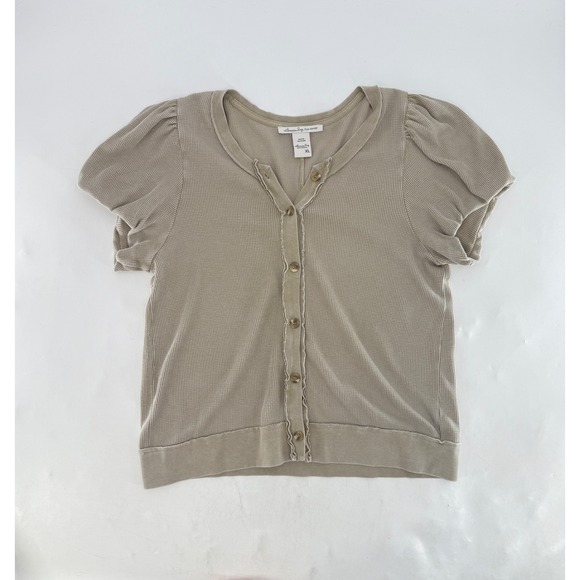 American Rag Womens Beige Waffle Knit Short Sleeve Button Up Top XL - Picture 4 of 9
